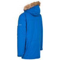 Blue Trespass Jaydin waterproof parka shown from the back, with fur-trimmed hood.