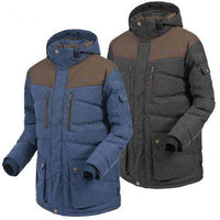 Trespass Bank padded jacket shown in blue and charcoal, with hood, brown shoulder panels and zip pockets