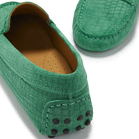 Close-up of embossed suede loafer heel with rubber grip studs
