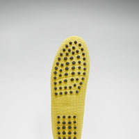 Yellow loafer sole with rows of black rubber grip dots
