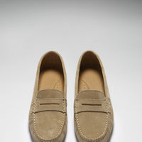 Pair of taupe suede loafers shown from above, with penny straps and moc stitching