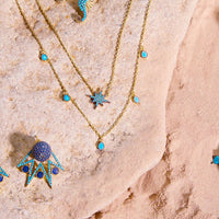 Turquoise seahorse charm jewelry with gold-tone chain and small bead accents