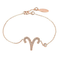 Aries zodiac star sign bracelet in rose gold with sparkling aries symbol charm and tag clasp