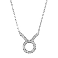 Taurus zodiac pendant necklace with jeweled circular pendant and chain, silver-tone