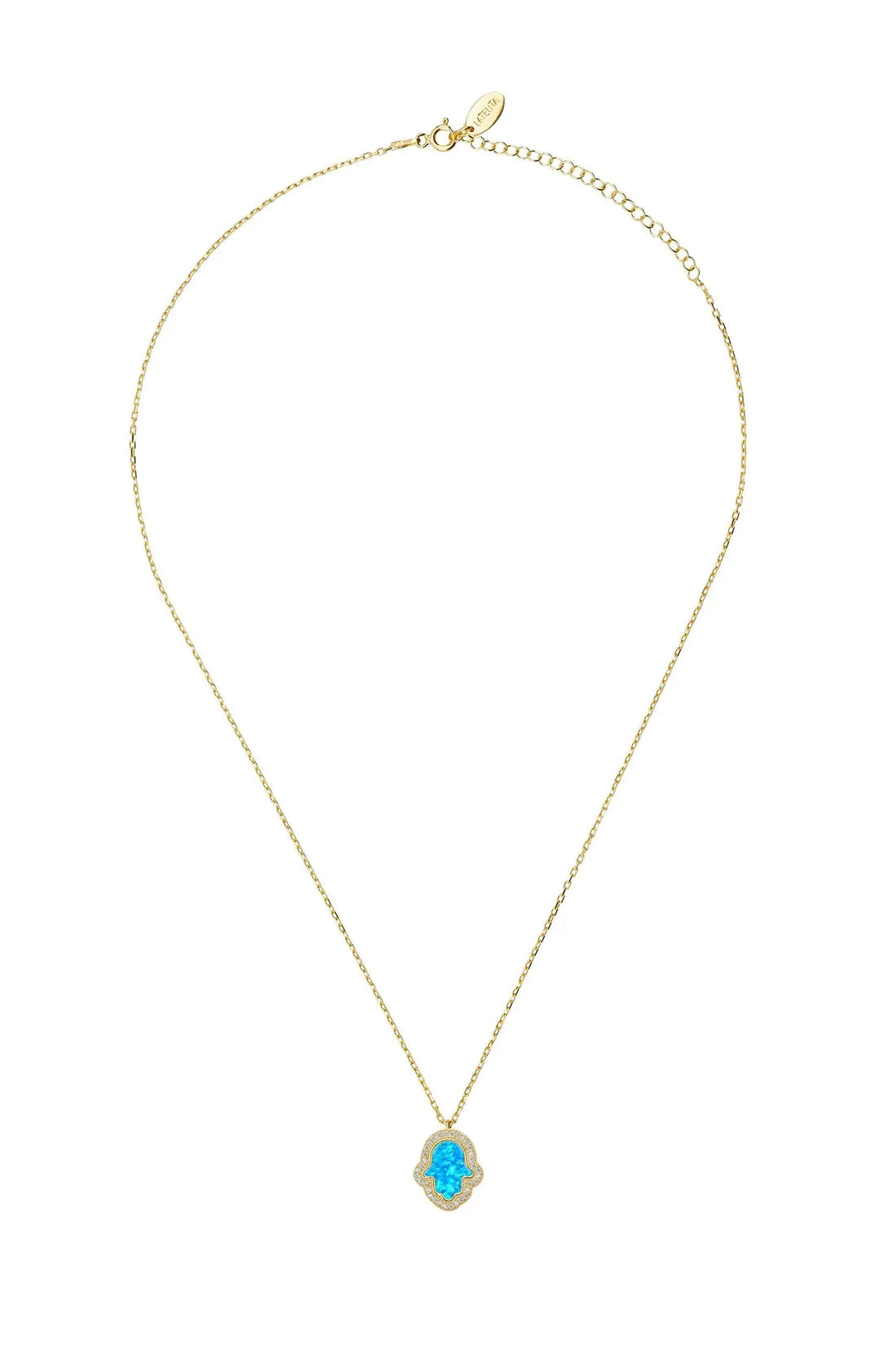 Gold-tone chain necklace with small blue opalite Hamsa charm