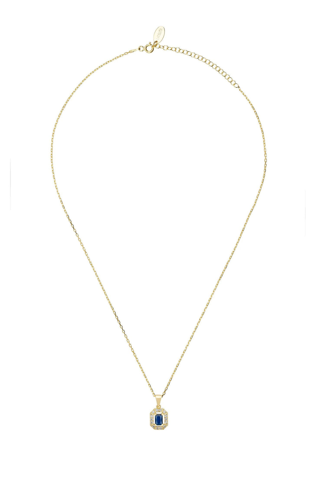 Gold-tone chain pendant necklace with blue sapphire-style stone at the center