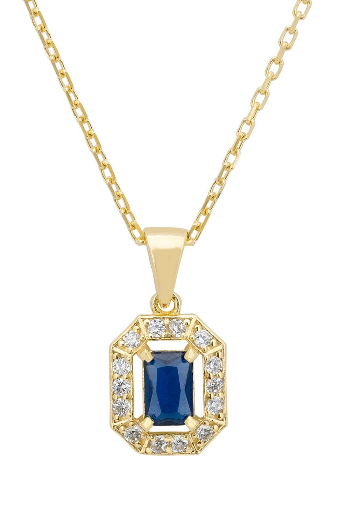 Gold-tone gemstone pendant necklace with blue sapphire-style stone and crystal halo