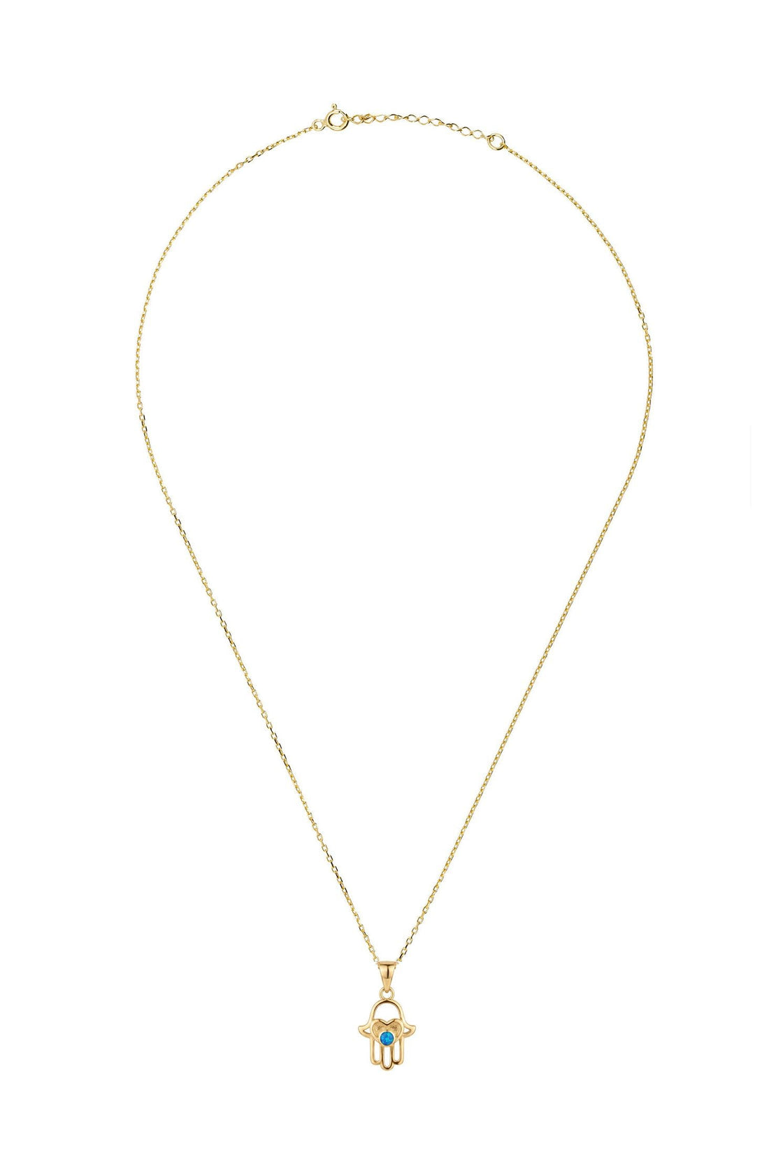 Gold hamsa hand pendant necklace with blue opal pendant on a long chain