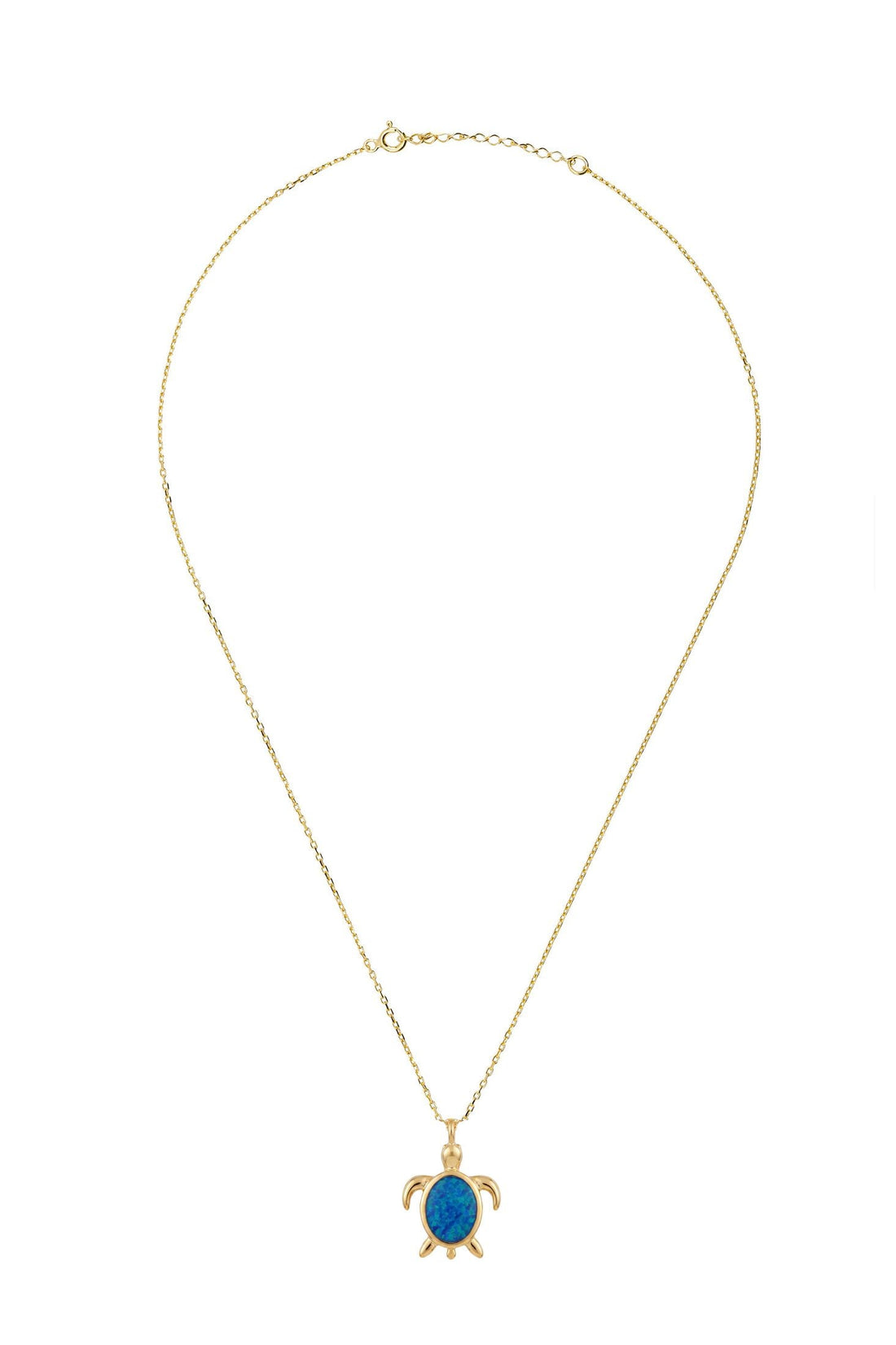 Gold turtle pendant necklace with blue oval opal stone on a fine linked chain.