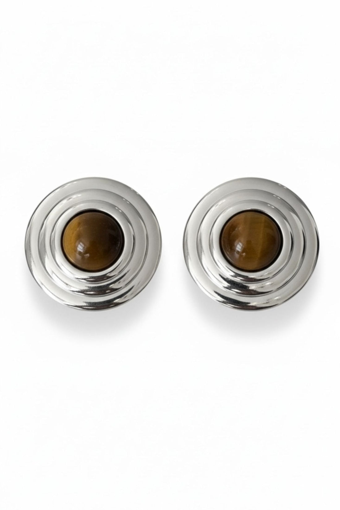 Como Large Round Stud Earrings Tigers Eye Silver-3
