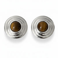 Como Large Round Stud Earrings Tigers Eye Silver-3