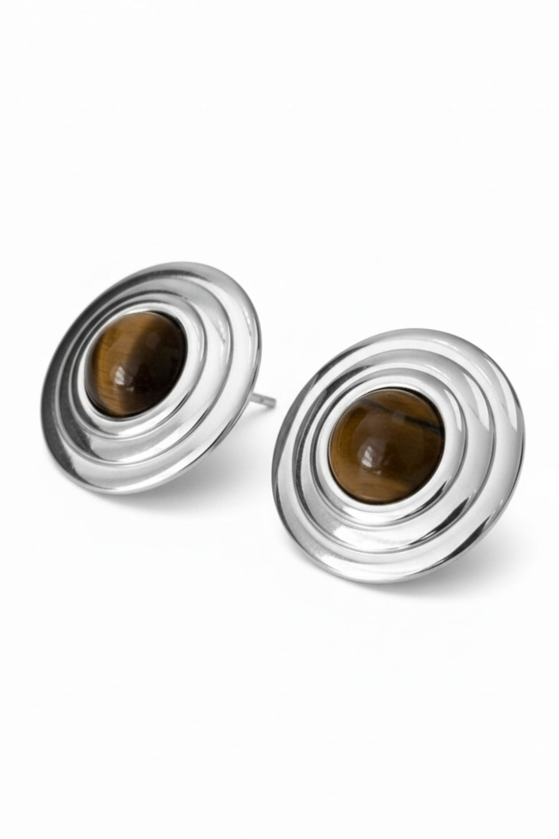 Como Large Round Stud Earrings Tigers Eye Silver-0