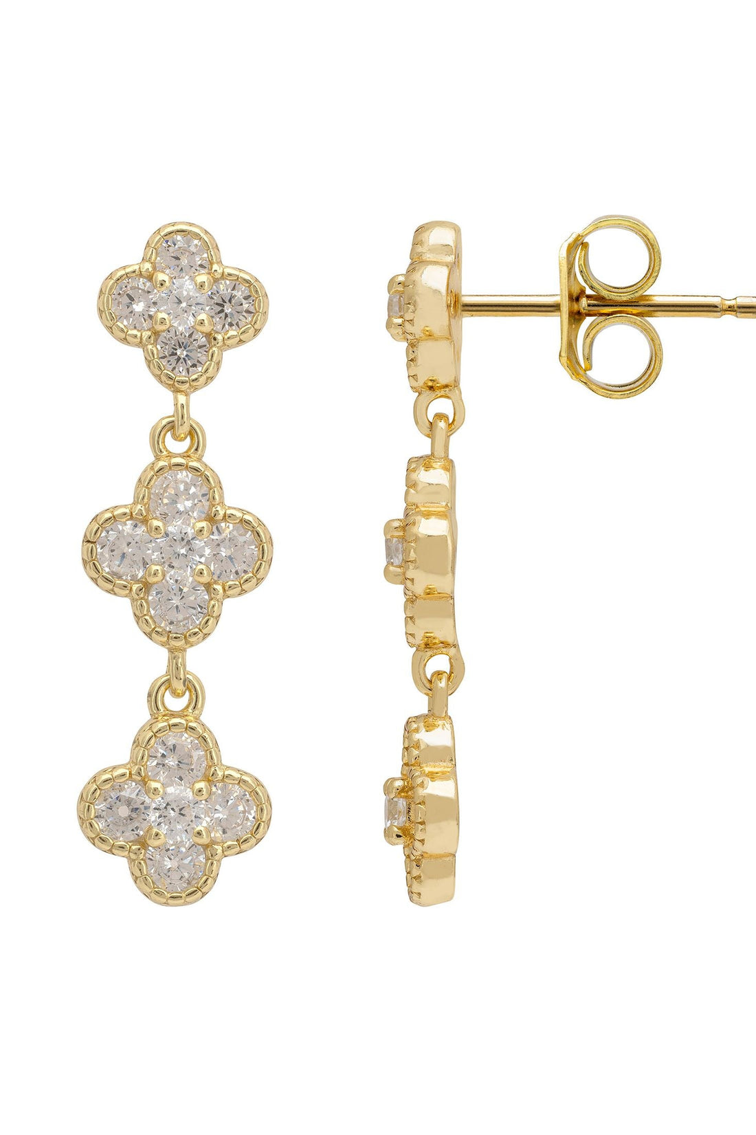 Mini Triple Clover Drop Earrings Gold-3