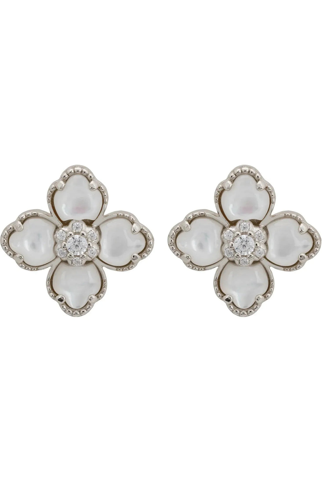 Clover flower mother-of-pearl stud earrings, silver-tone with crystal center