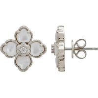Silver-tone clover flower stud earrings with mother-of-pearl petals, crystal, butterfly backs
