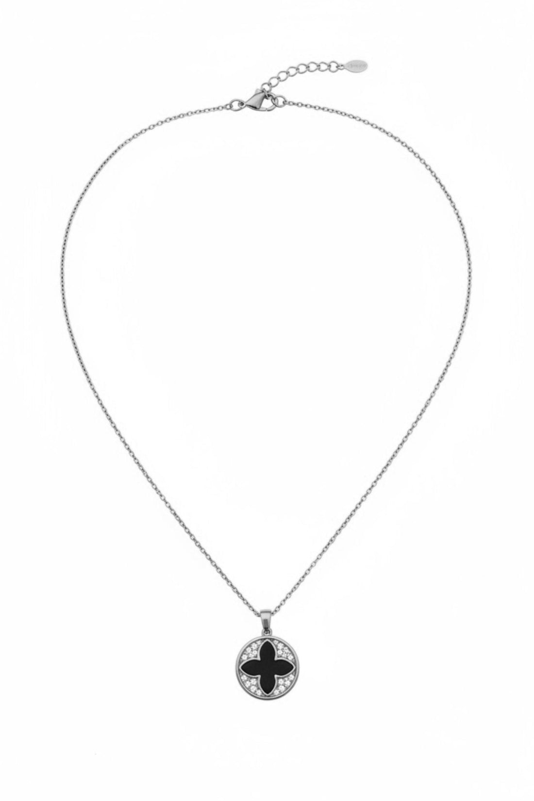 Silver four-leaf clover charm necklace on fine chain