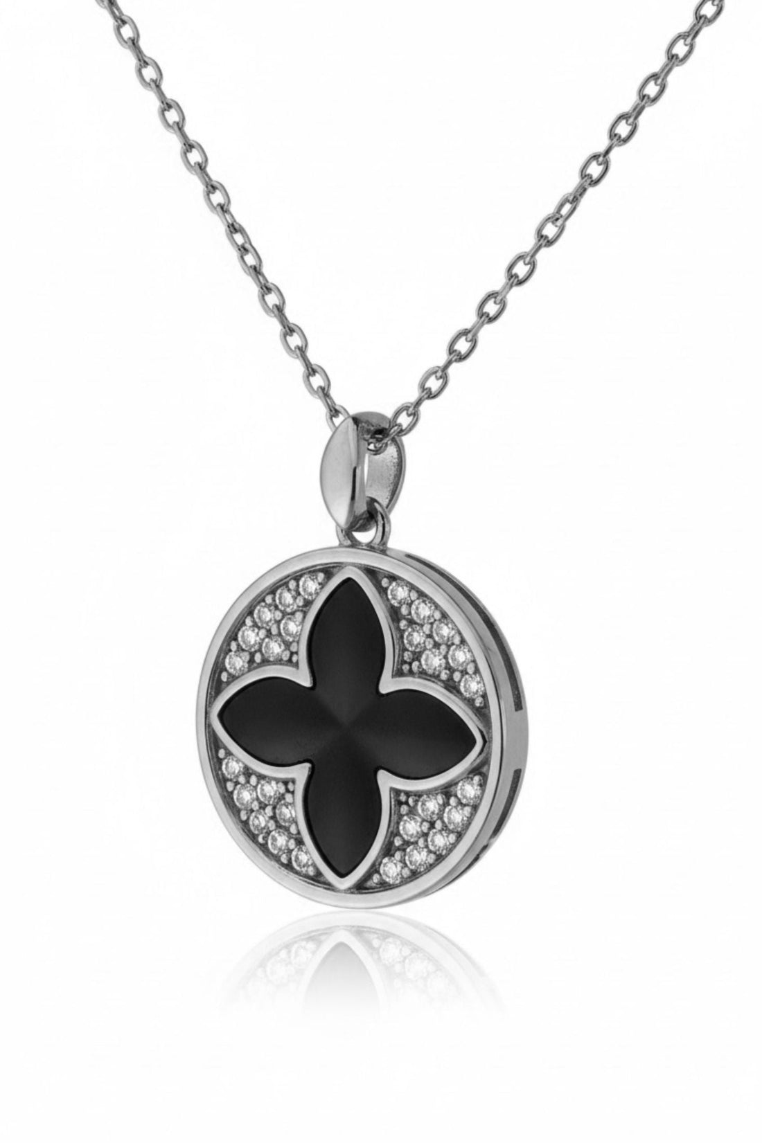 Silver round clover pendant with black enamel center and crystal border