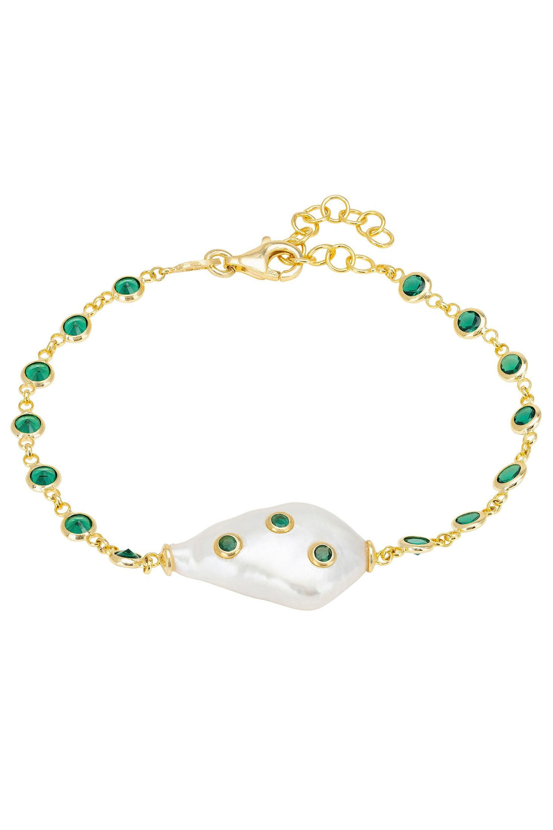 Gold bracelet with white pearl centerpiece and emerald green round accents