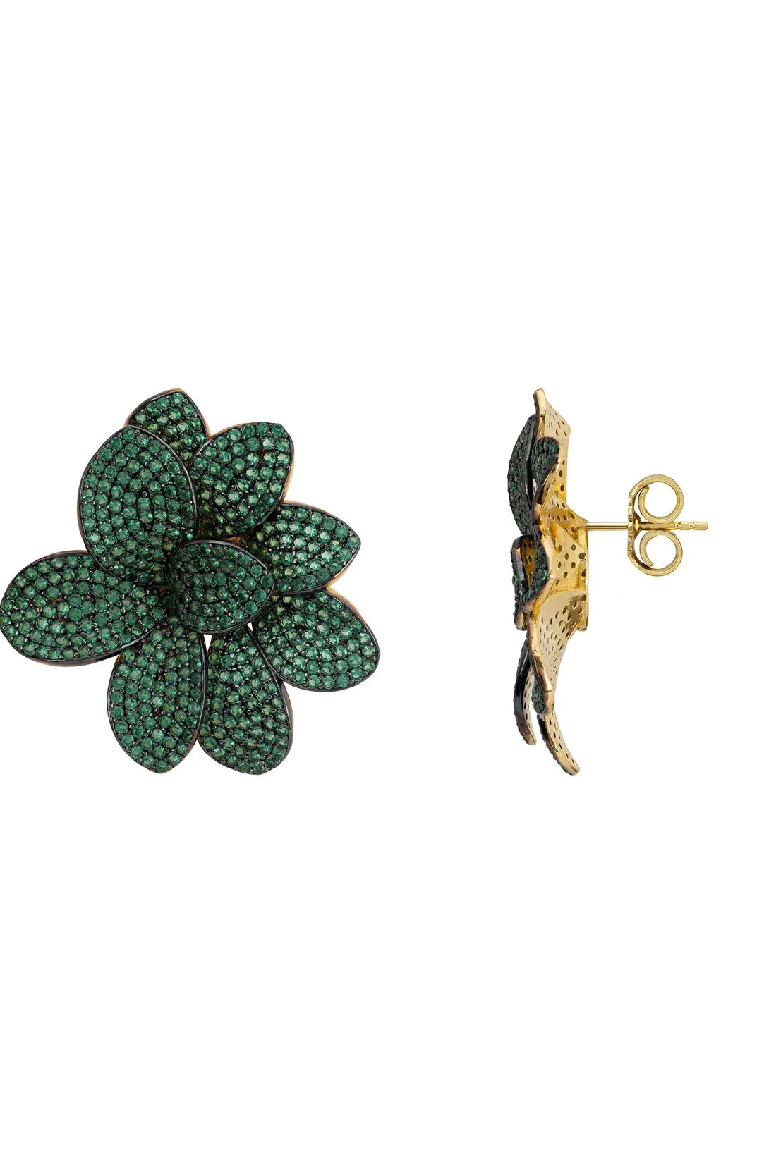 Amaryllis Flower Large Stud Earrings Gold Emerald-2