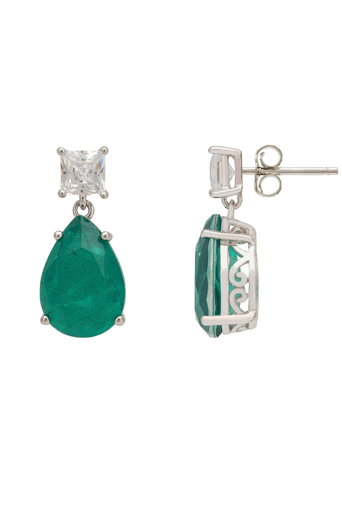 Silver backing of drop earrings with green teardrop and clear top stones
