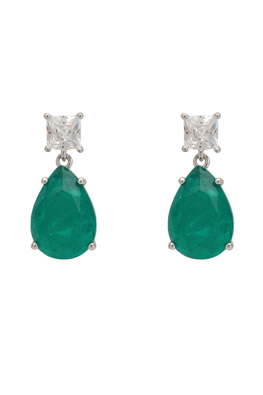 Silver drop earrings with clear square stones and emerald-green teardrop gems