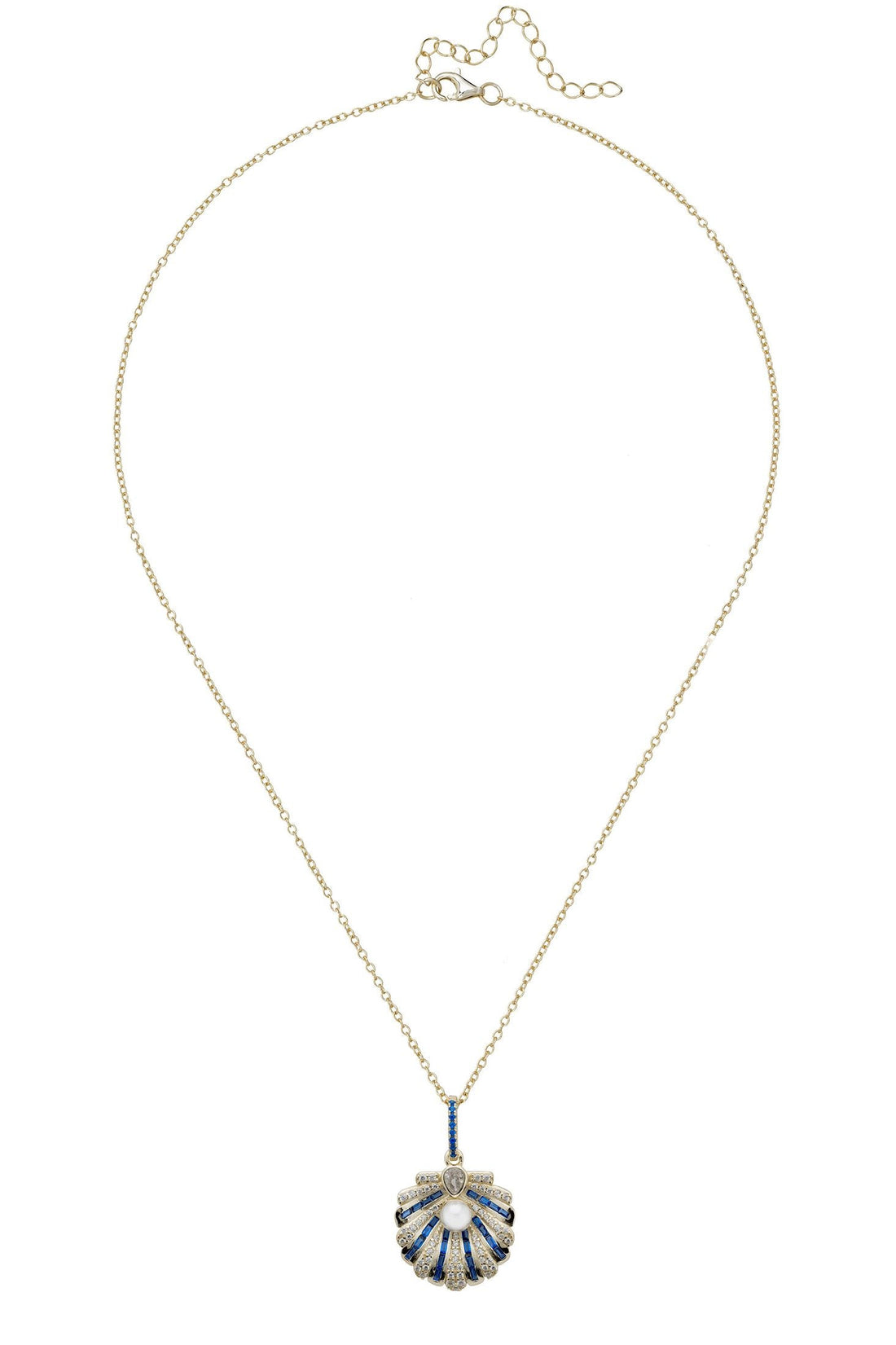 Art Deco Scallop Shell Pendant Necklace Sapphire Blue With Pearl Gold-2