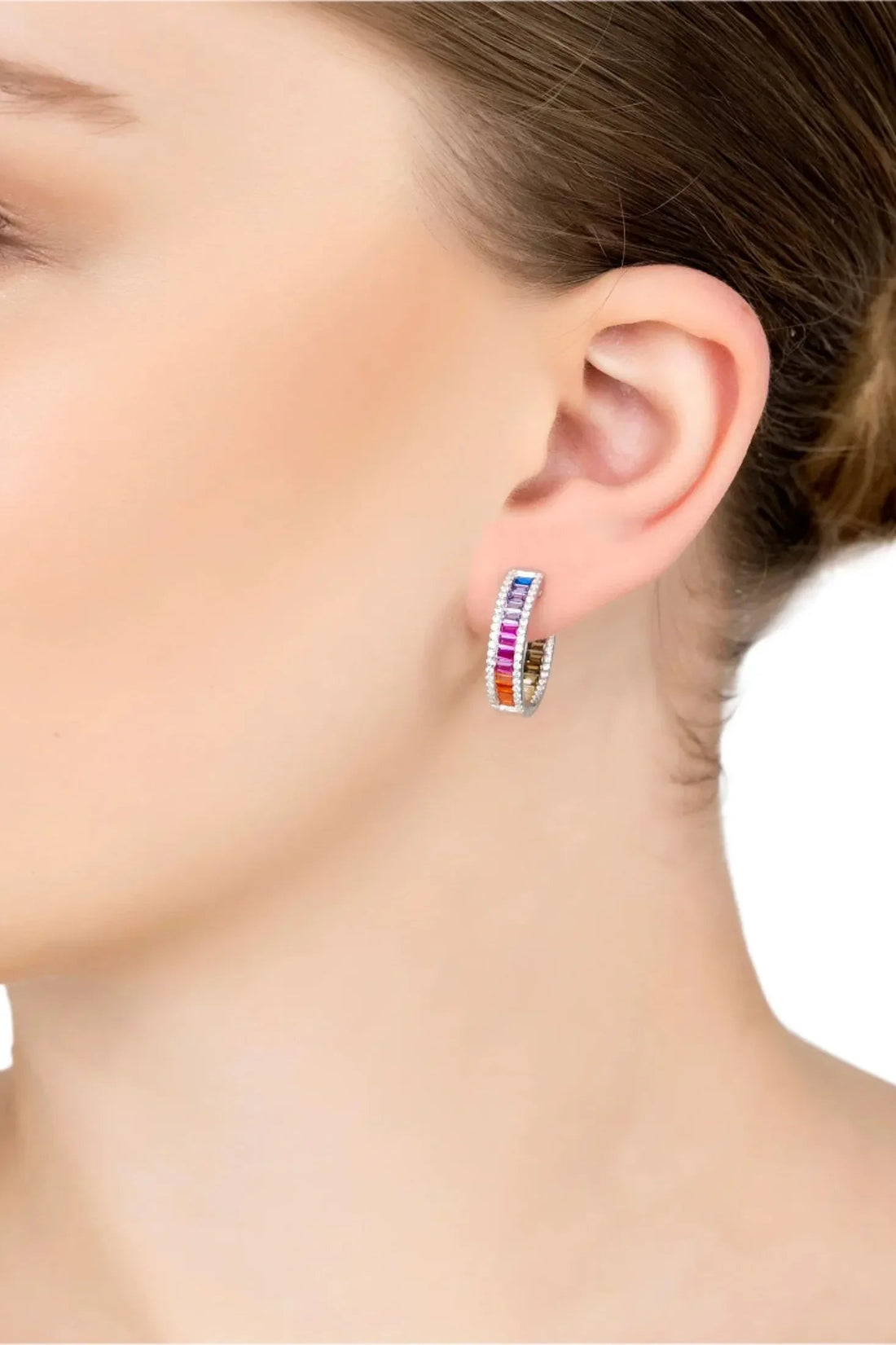 Judy Rainbow Baguette Hoop Earrings Silver-1