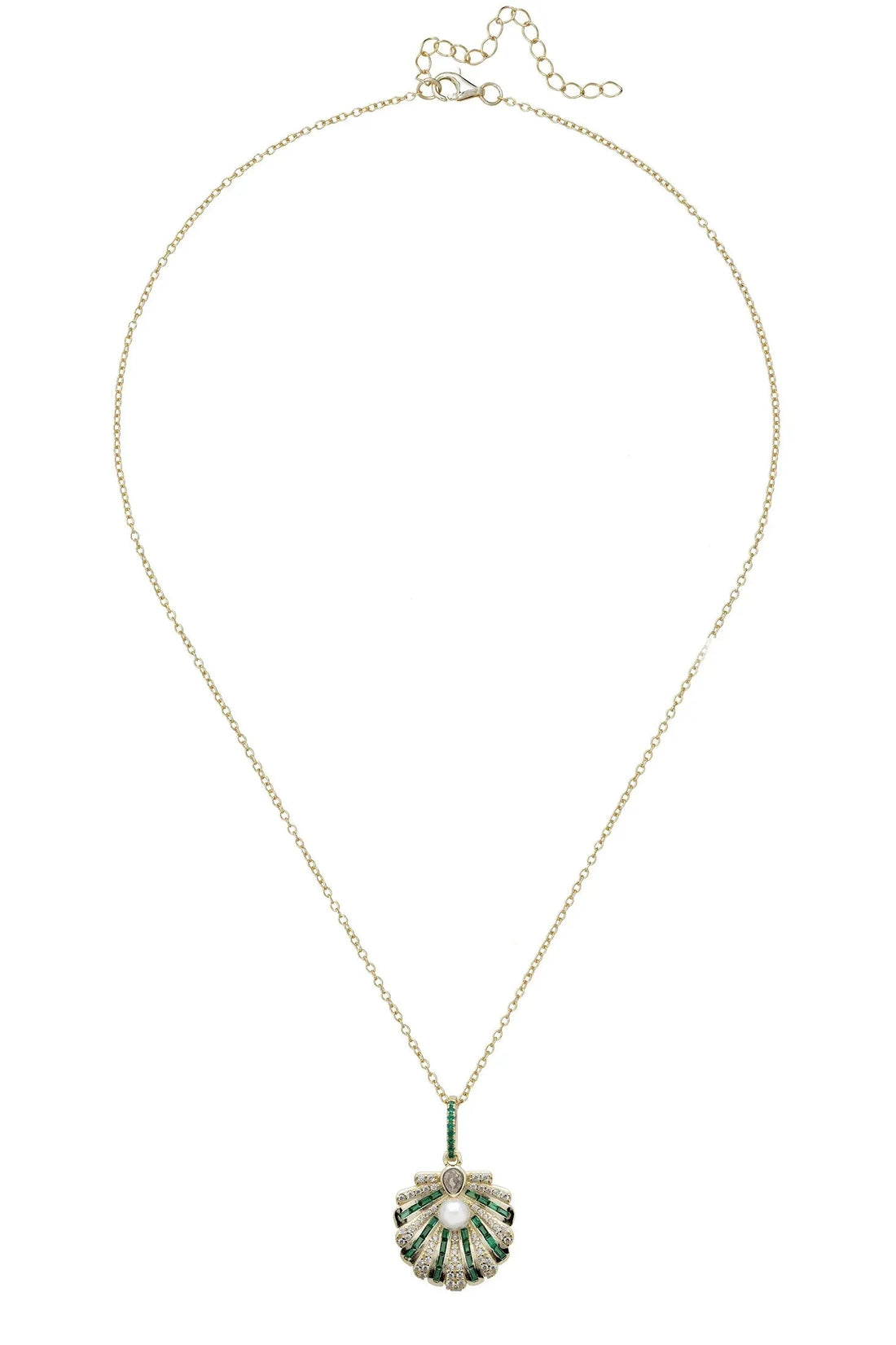Art Deco Scallop Shell Pendant Necklace Emerald Green With Pearl Gold-2