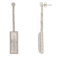 Silver drop earrings with rectangular crystal-like center and stud post back