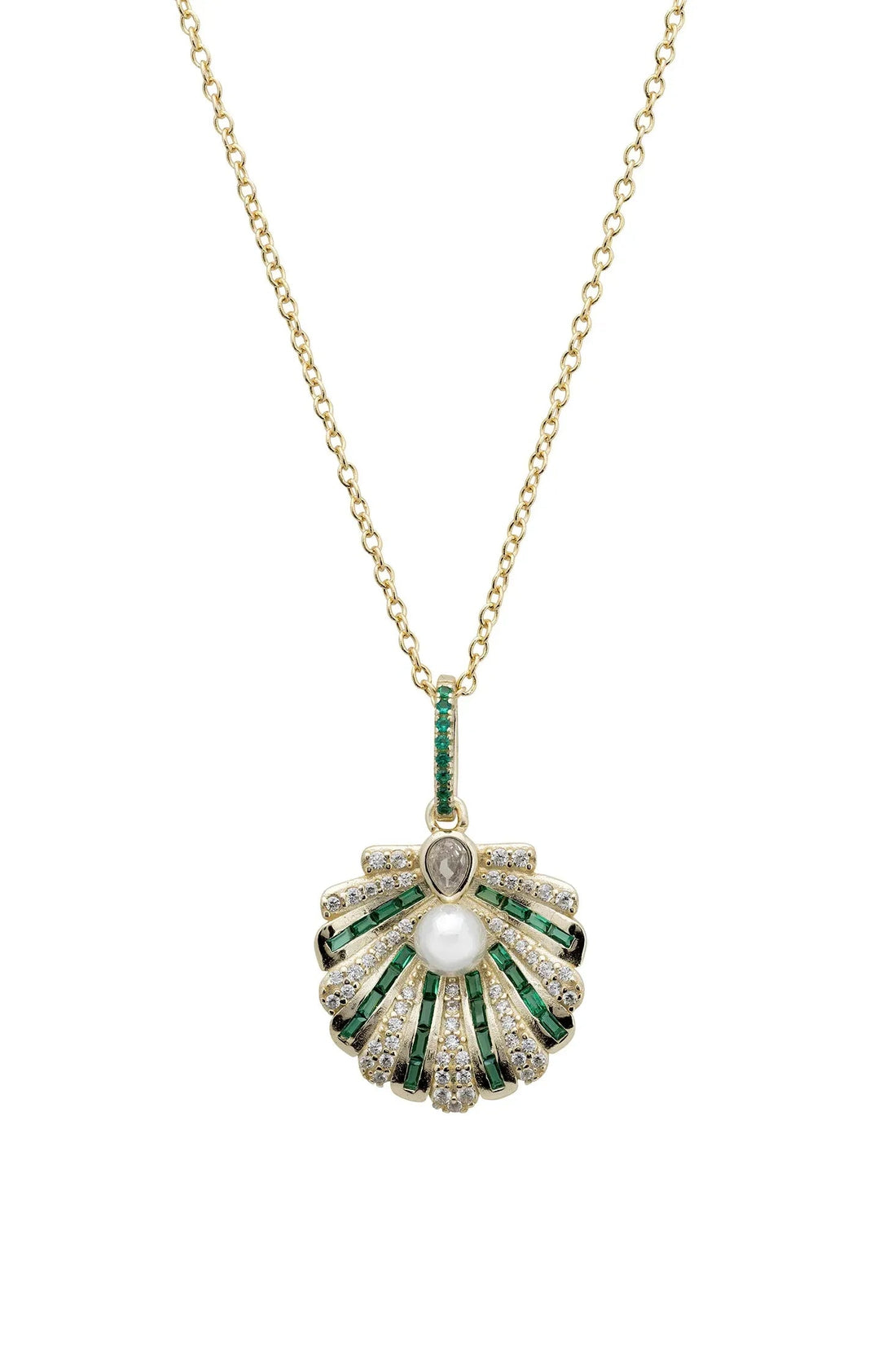 Art Deco Scallop Shell Pendant Necklace Emerald Green With Pearl Gold-0
