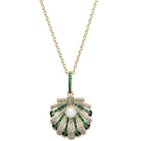 Art Deco Scallop Shell Pendant Necklace Emerald Green With Pearl Gold-0