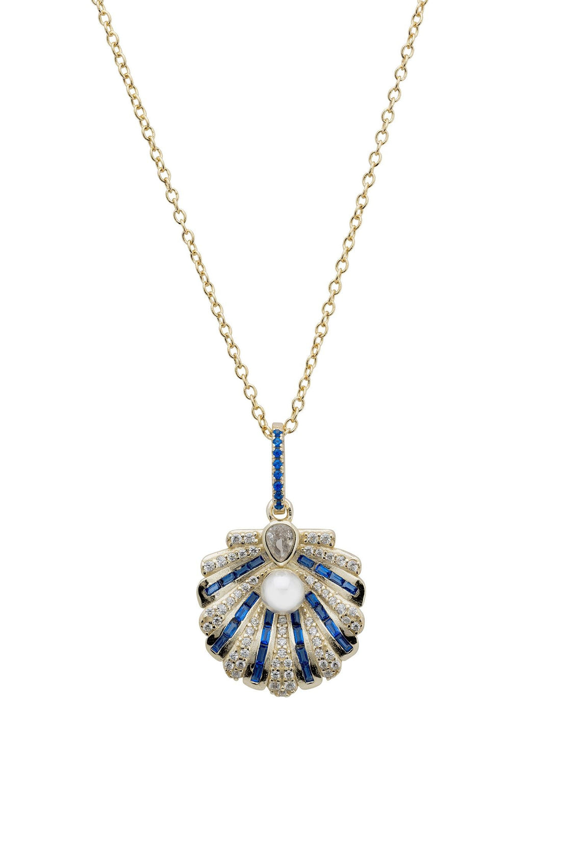 Art Deco Scallop Shell Pendant Necklace Sapphire Blue With Pearl Gold-0