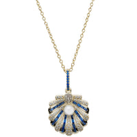 Art Deco Scallop Shell Pendant Necklace Sapphire Blue With Pearl Gold-0