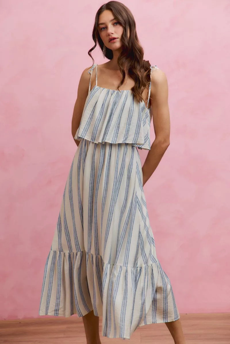 Front view of sleeveless striped midi dress with ruffled tiers, blue-and-white vertical stripes