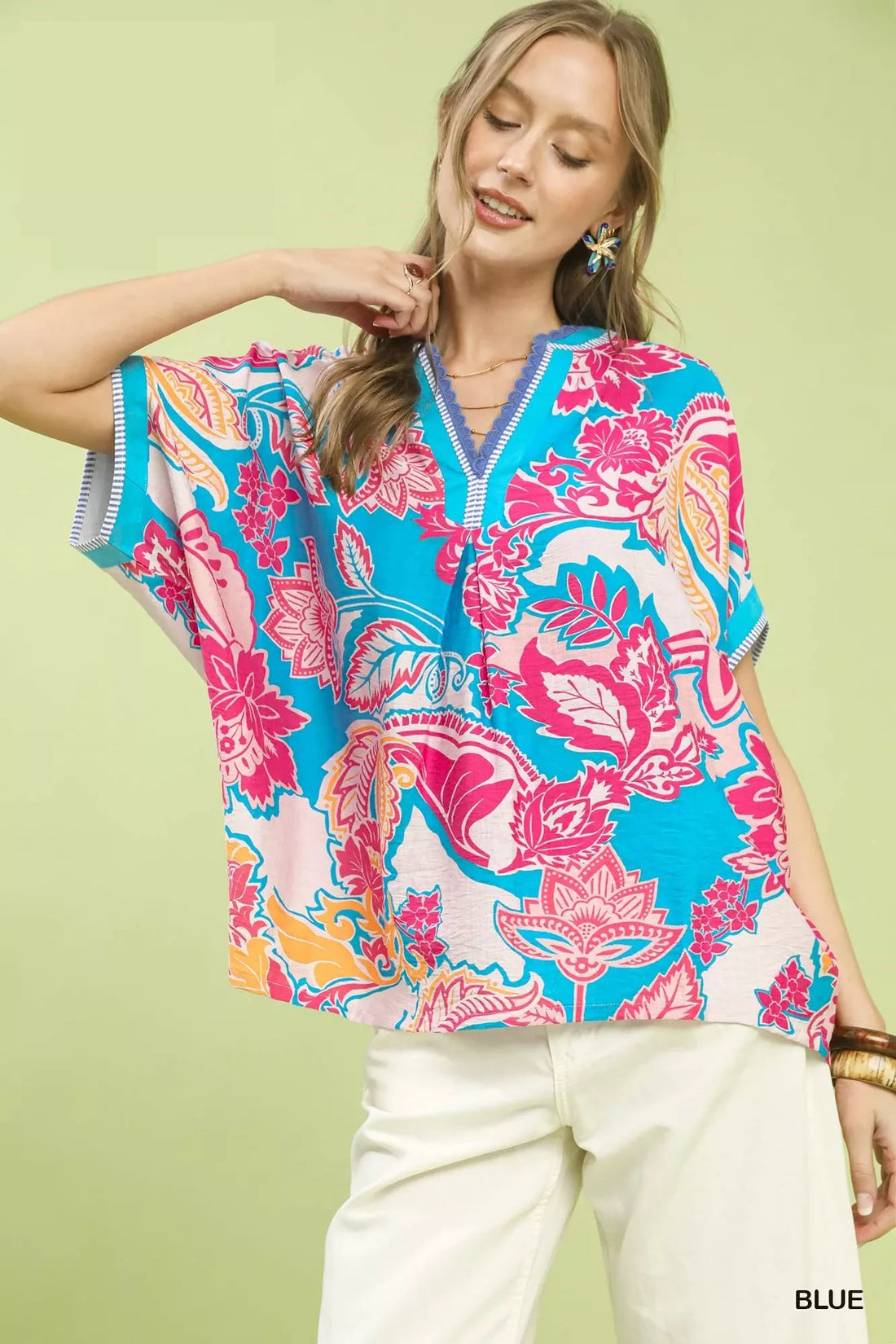 Oversized blue printed top with pink floral paisley, V-neck, short sleeves