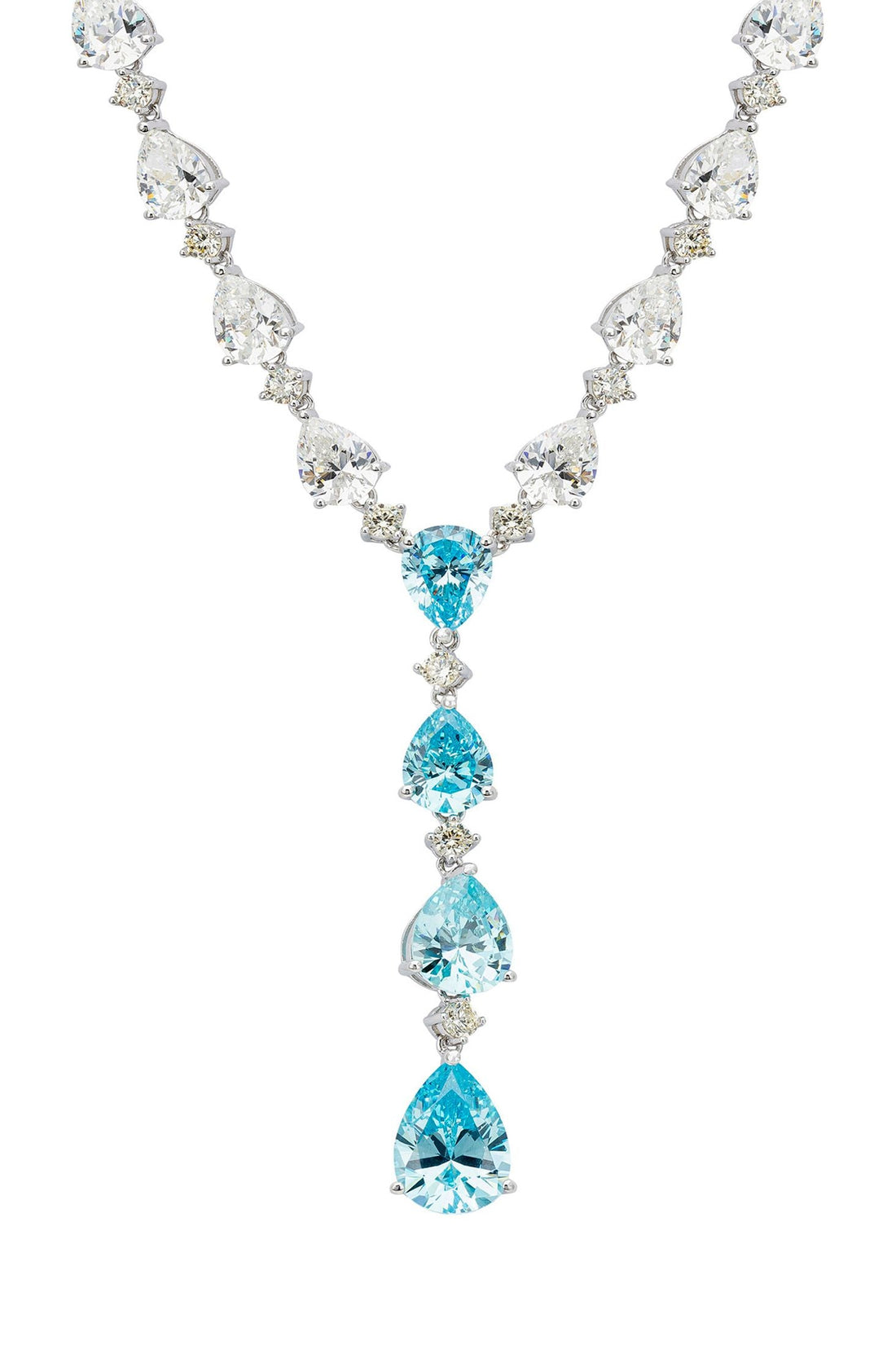 Silver statement necklace with blue topaz teardrop accents and clear rhinestone links