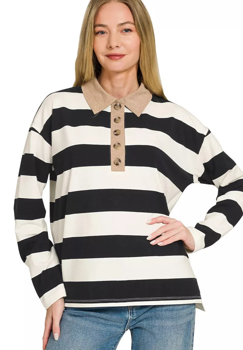 Striped long-sleeve polo tee with contrast collar and button placket, black-and-white