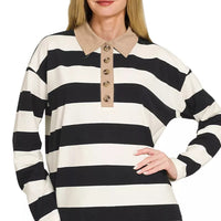 Striped long-sleeve polo tee with contrast collar and button placket, black-and-white