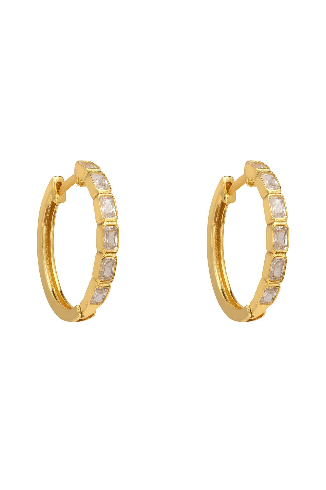 Gold hoop earrings with baguette-cut clear stones, hinged hoop design