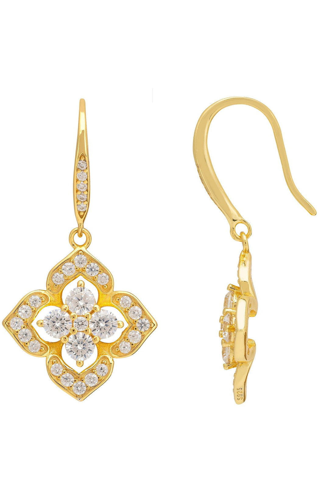 Pointed Cz Clover Flower Drop Earrings Gold-2