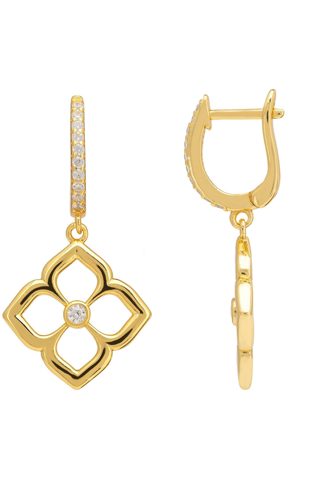 Gold clover flower drop earrings with crystal-accented top bar and open petals