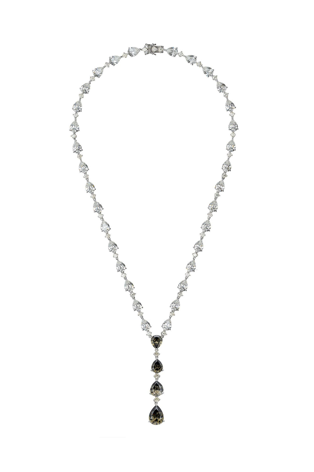 Silver statement necklace with crystal rows and three dark smokey quartz drops
