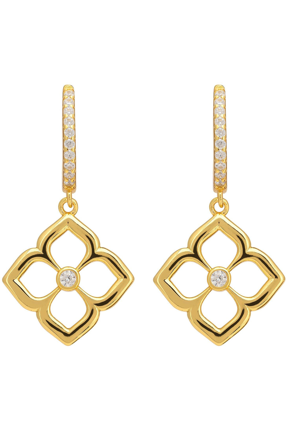 Gold clover flower drop earrings with open pointed petals and small crystal centers