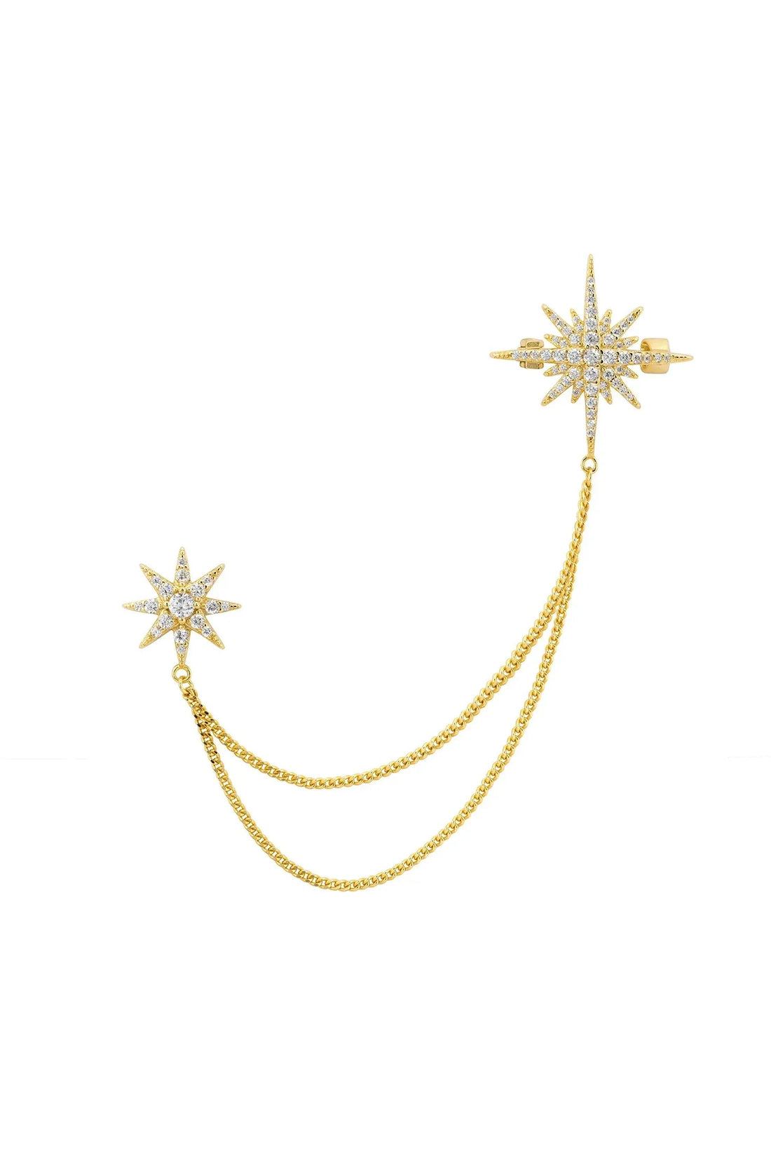 Gold starburst brooch with pin and two dangling chain loops