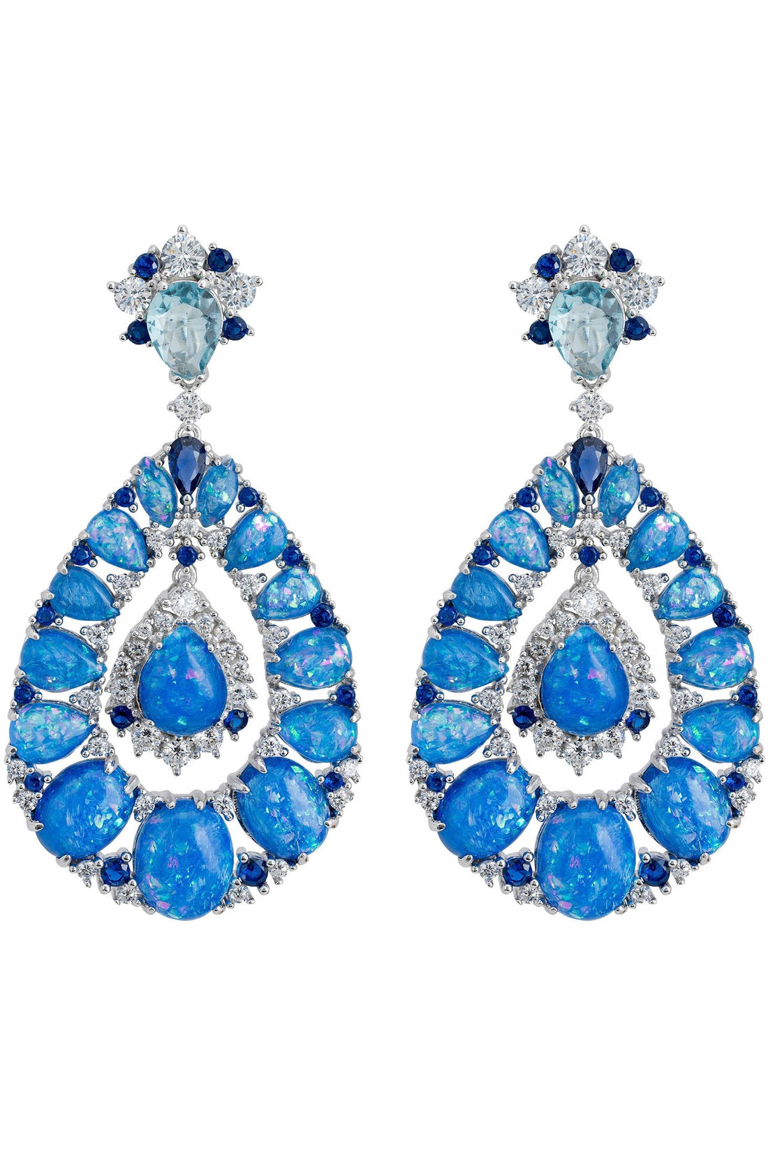 Silver drop earrings with blue teardrop gemstones and clustered opal-like accents