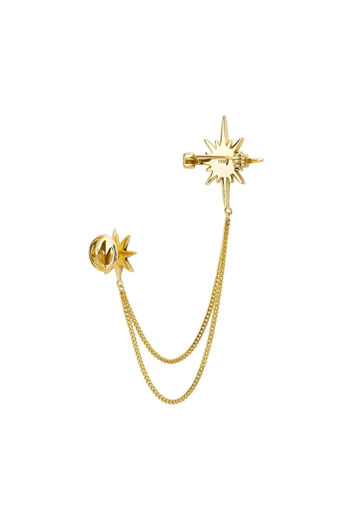 Gold starburst brooch with pin and long looped chain with small stars