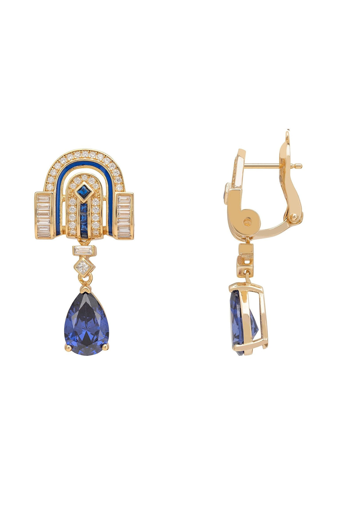 Gold art deco drop earrings with blue sapphire teardrop, side view