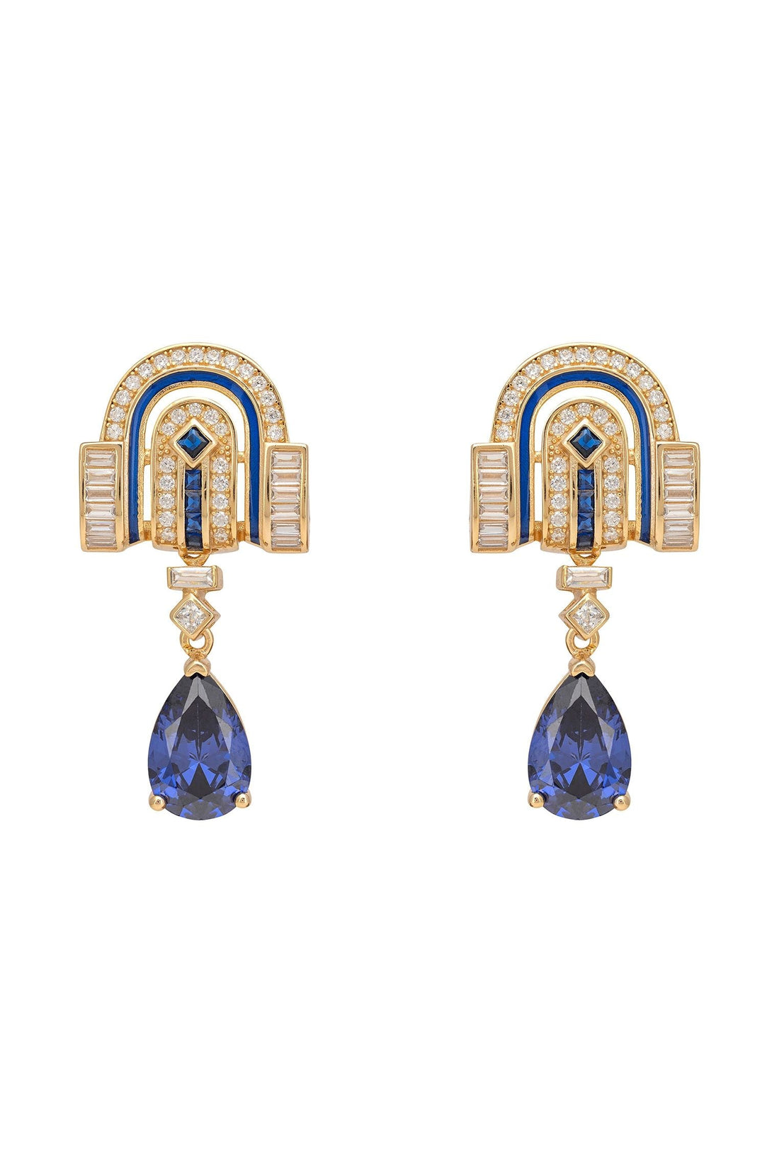 Gold art deco drop earrings with blue sapphire teardrop and crystal arch detail