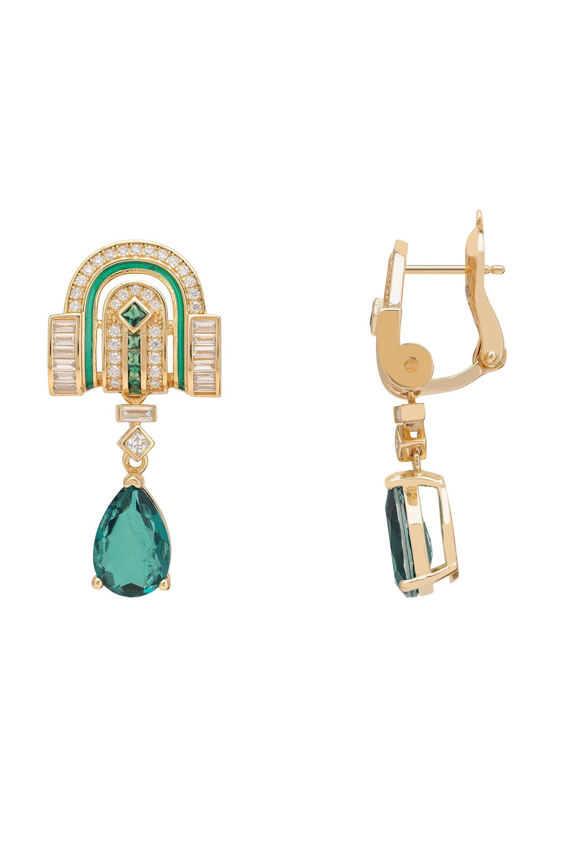 Savoy Art Deco  Drop Earrings Emerald Gold-2
