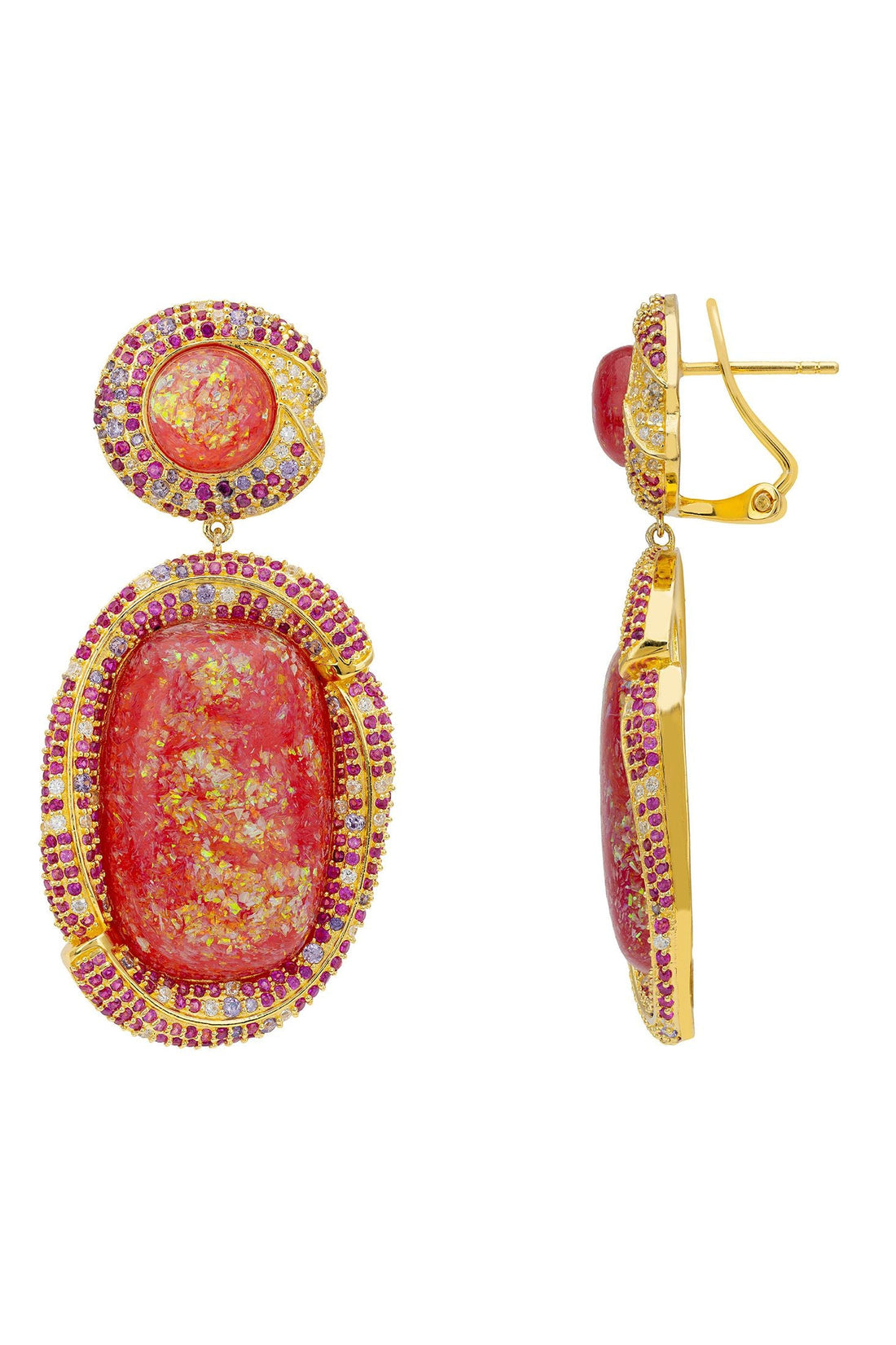 Gold drop earrings with pink opal stones and pave halo